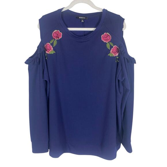 Relativity Top Women's open Shoulder Long Sleeve Blue 3X Roses - Picture 1 of 6
